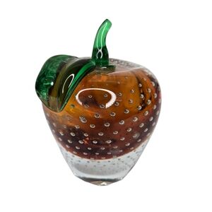 Murano Controlled Bubble Art Glass Golden Apple Paperweight Opulent Kitschy